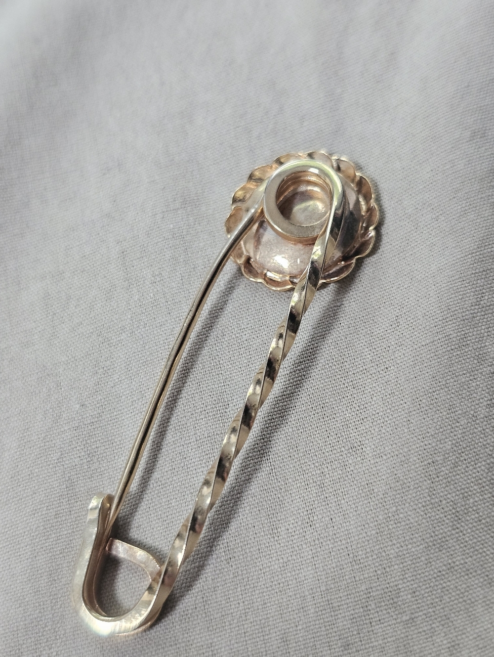 Gold Safety Pin Brooch with Textured Medallion - Picture 3 of 6